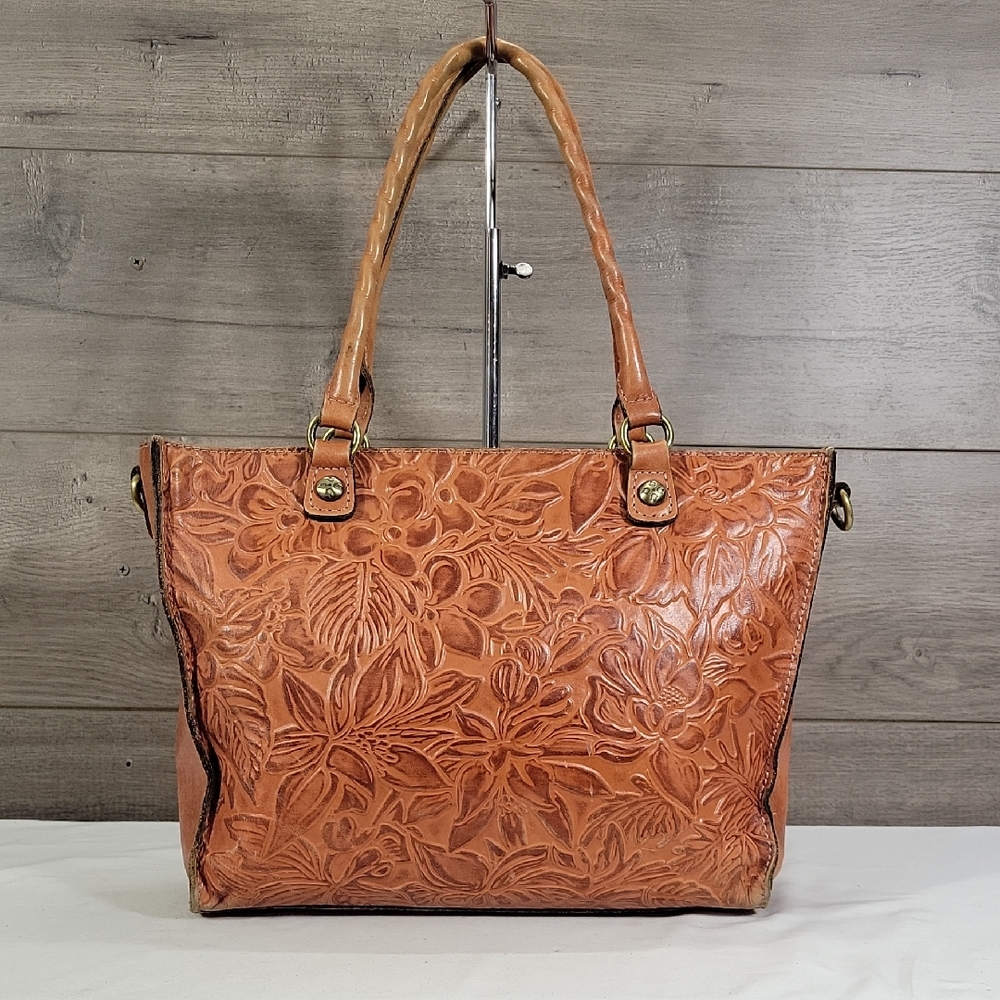 Patricia Nash Tooled Floral Leather Tote in Cognac Brown